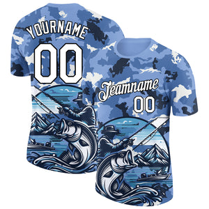 Custom Light Blue White-Black 3D Pattern Design Big Bass Fish Fishing Performance T-Shirt