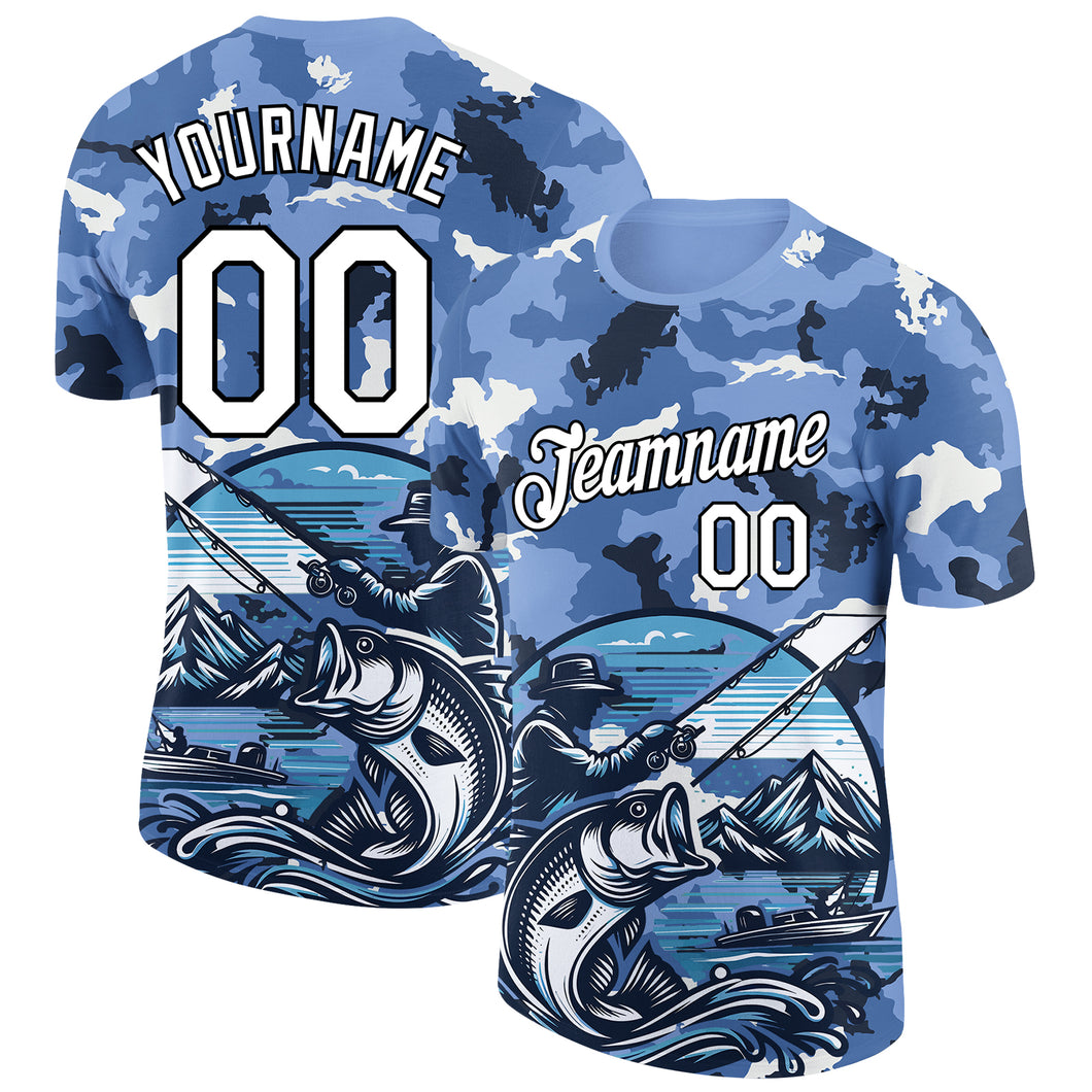 Custom Light Blue White-Black 3D Pattern Design Big Bass Fish Fishing Performance T-Shirt