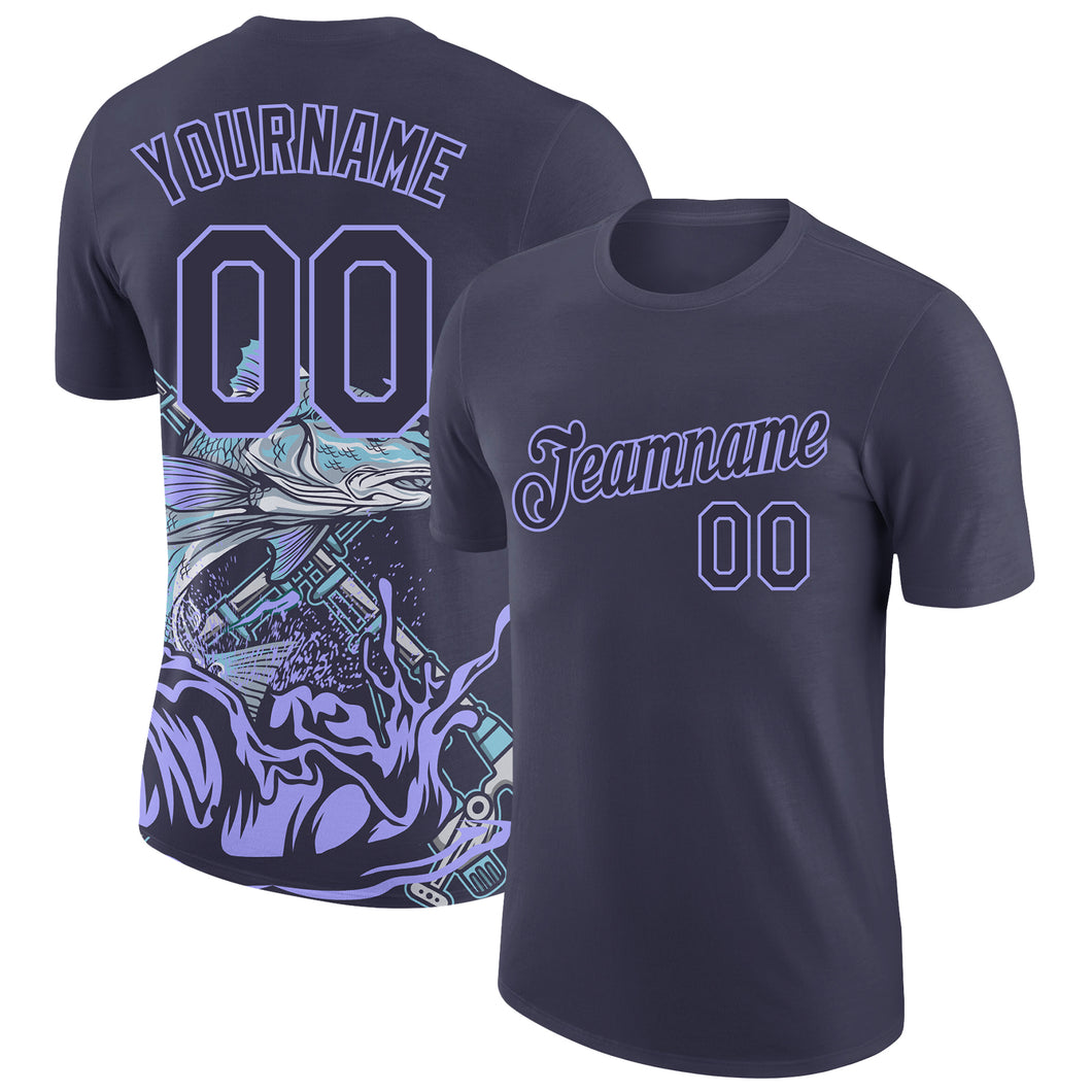 Custom Navy Light Purple 3D Pattern Design Fishing Performance T-Shirt