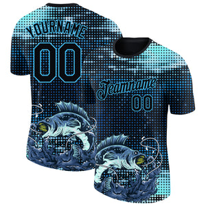 Custom Sky Blue Black 3D Pattern Design Fishing Performance T-Shirt