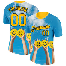 Загрузить изображение в средство просмотра галереи, Custom Sky Blue Gold-Black 3D Pattern Design Smile Emoji Performance T-Shirt
