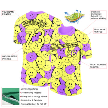 Custom Light Yellow Medium Purple-Black 3D Pattern Design Smile Emoji Performance T-Shirt