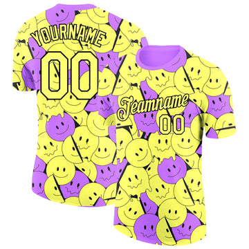 Custom Light Yellow Medium Purple-Black 3D Pattern Design Smile Emoji Performance T-Shirt