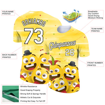 Custom Yellow White-Black 3D Pattern Design Smile Emoji Performance T-Shirt