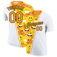 Laden Sie das Bild in den Galerie-Viewer, Custom White Bay Orange-Black 3D Pattern Design Smile Emoji Performance T-Shirt
