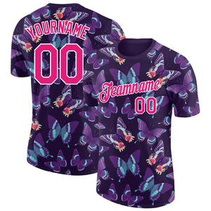 Custom Dark Purple Hot Pink-White 3D Pattern Design Butterfly Performance T-Shirt