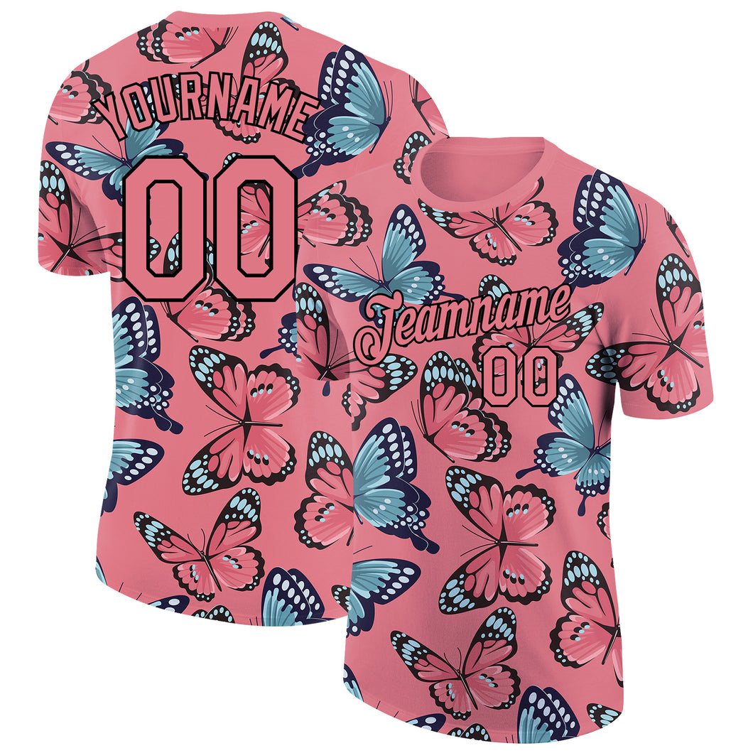 Custom Medium Pink Black 3D Pattern Design Butterfly Performance T-Shirt