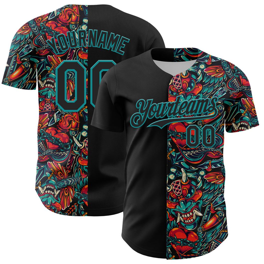 Custom Black Teal 3D Pattern Design Vintage Tattoos Authentic Baseball Jersey