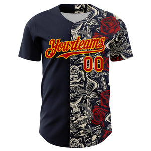 Custom Navy Red-Gold 3D Pattern Design Vintage Tattoos Authentic Baseball Jersey