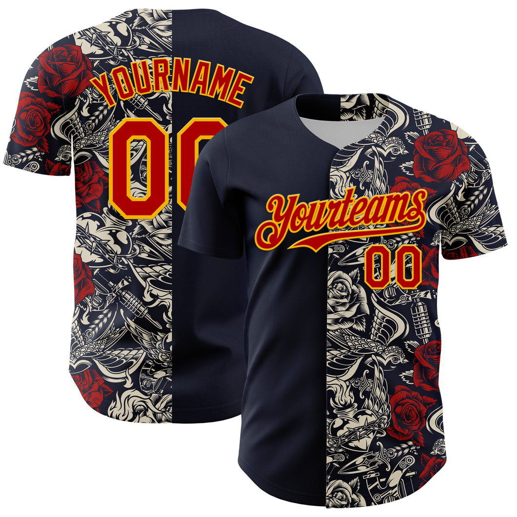 Custom Navy Red-Gold 3D Pattern Design Vintage Tattoos Authentic Baseball Jersey