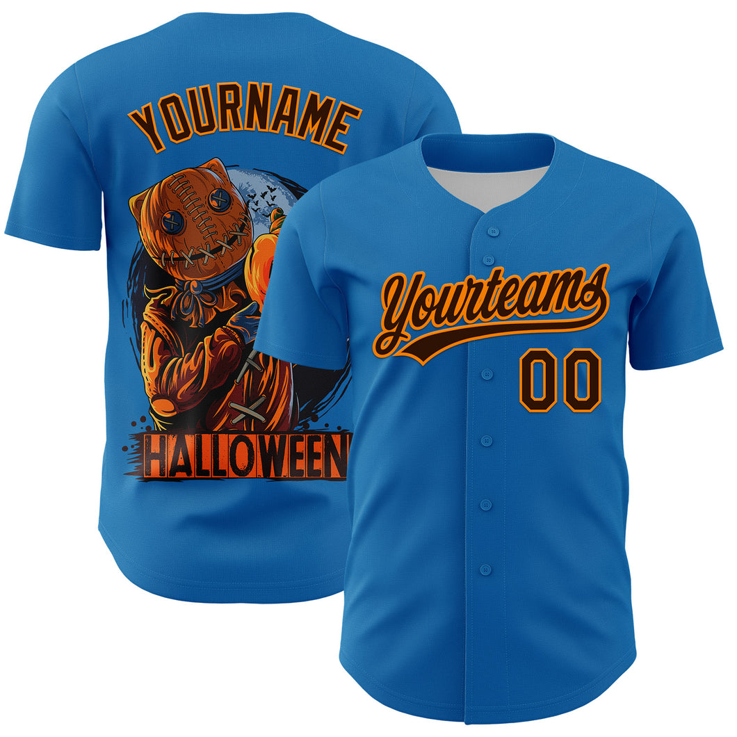 Custom Blue Brown-Bay Orange 3D Halloween Authentic Baseball Jersey