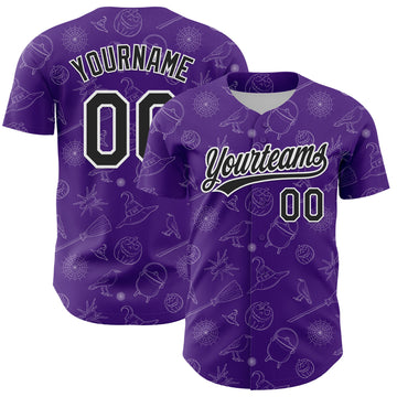 Custom Purple Black-White 3D Halloween Authentic Baseball Jersey