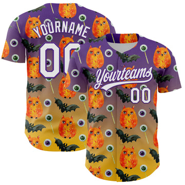 Custom Purple White-Yellow 3D Halloween Authentic Baseball Jersey