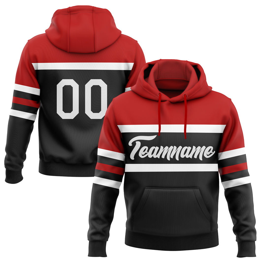 Custom Stitched Black White-Red Line Sports Pullover Sweatshirt Hoodie