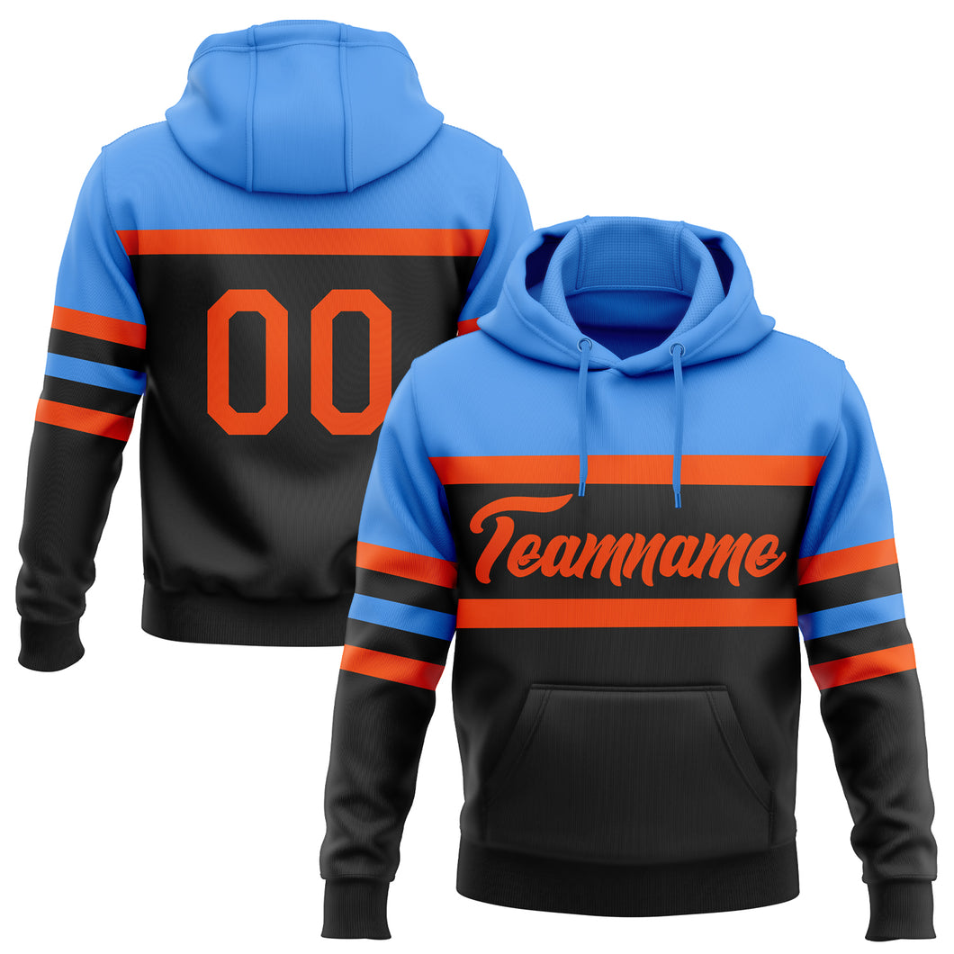 Custom Stitched Black Orange-Powder Blue Line Sports Pullover Sweatshirt Hoodie