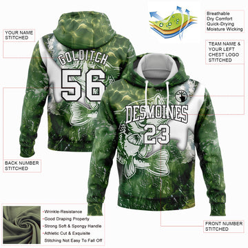 Custom Stitched Green White-Black 3D Largemouth Bass Fish Fishing Sports Pullover Sweatshirt Hoodie