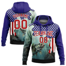 Загрузить изображение в средство просмотра галереи, Custom Stitched Dark Purple Red-White 3D American Flag And Largemouth Bass Fish Fishing Sports Pullover Sweatshirt Hoodie
