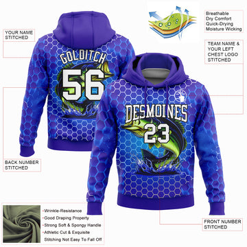 Custom Stitched Thunder Blue Purple-Black 3D Smallmouth Bass Fish Fishing Sports Pullover Sweatshirt Hoodie