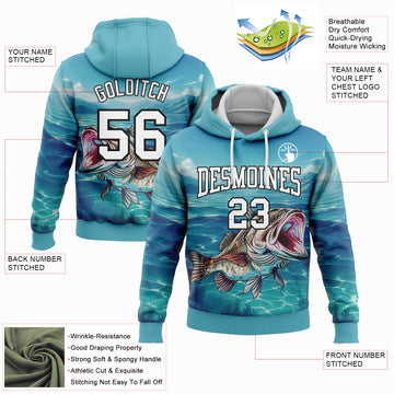 Custom Stitched Lakes Blue White-Black 3D Smallmouth Bass Fish Fishing Sports Pullover Sweatshirt Hoodie