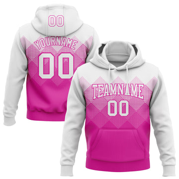 Custom Stitched White Deep Pink 3D Pattern Design Gradient Square Shape Sports Pullover Sweatshirt Hoodie