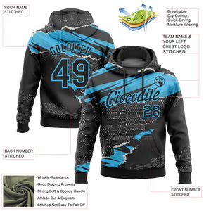 Custom Stitched Black Sky Blue 3D Pattern Design Torn Paper Style Sports Pullover Sweatshirt Hoodie