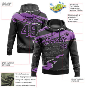 Custom Stitched Black Medium Purple 3D Pattern Design Torn Paper Style Sports Pullover Sweatshirt Hoodie