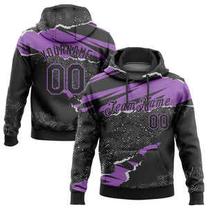 Custom Stitched Black Medium Purple 3D Pattern Design Torn Paper Style Sports Pullover Sweatshirt Hoodie