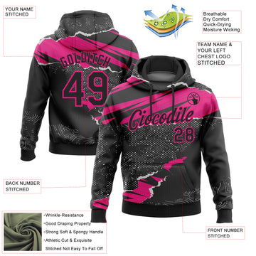 Custom Stitched Black Hot Pink 3D Pattern Design Torn Paper Style Sports Pullover Sweatshirt Hoodie