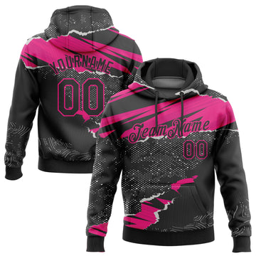 Custom Stitched Black Hot Pink 3D Pattern Design Torn Paper Style Sports Pullover Sweatshirt Hoodie