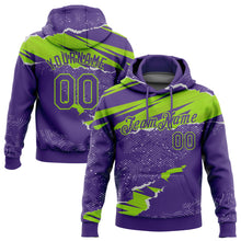 Загрузить изображение в средство просмотра галереи, Custom Stitched Purple Neon Green 3D Pattern Design Torn Paper Style Sports Pullover Sweatshirt Hoodie
