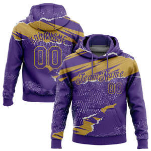 Custom Stitched Purple Old Gold 3D Pattern Design Torn Paper Style Sports Pullover Sweatshirt Hoodie