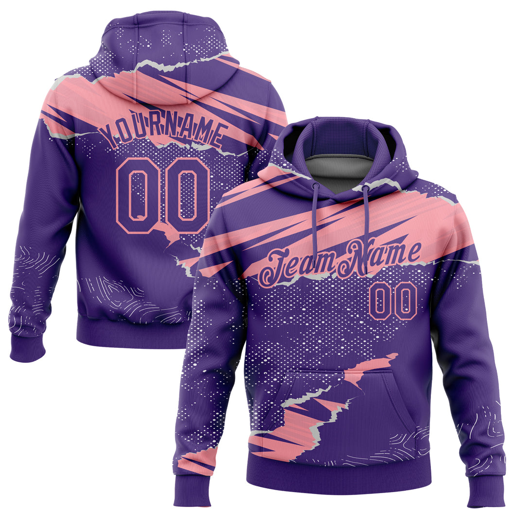 Custom Stitched Purple Medium Pink 3D Pattern Design Torn Paper Style Sports Pullover Sweatshirt Hoodie