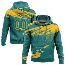 Загрузить изображение в средство просмотра галереи, Custom Stitched Teal Gold 3D Pattern Design Torn Paper Style Sports Pullover Sweatshirt Hoodie
