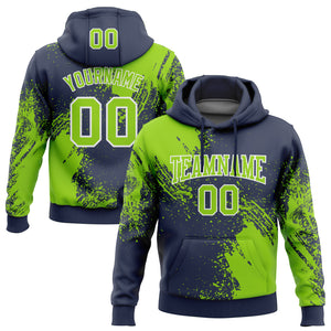 Custom Stitched Navy Neon Green-White 3D Pattern Design Abstract Brush Stroke Sports Pullover Sweatshirt Hoodie