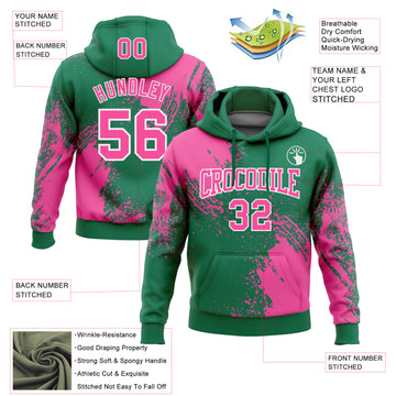 Custom Stitched Kelly Green Pink-White 3D Pattern Design Abstract Brush Stroke Sports Pullover Sweatshirt Hoodie