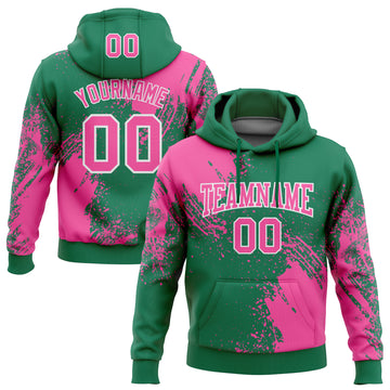 Custom Stitched Kelly Green Pink-White 3D Pattern Design Abstract Brush Stroke Sports Pullover Sweatshirt Hoodie