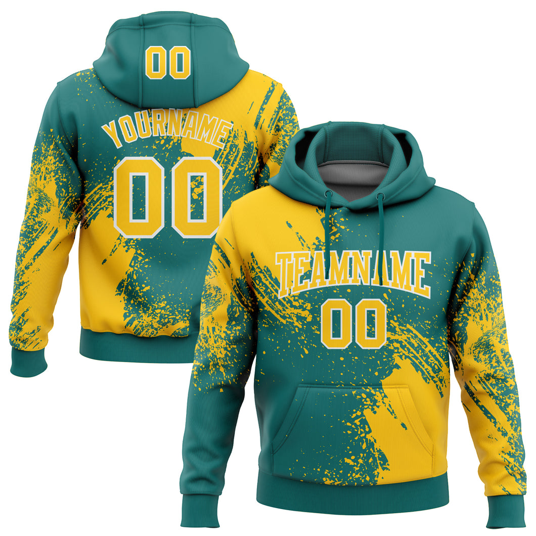 Custom Stitched Teal Yellow-White 3D Pattern Design Abstract Brush Stroke Sports Pullover Sweatshirt Hoodie