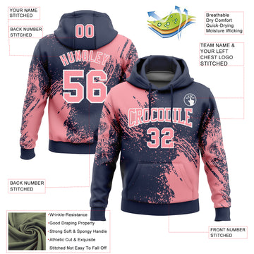 Custom Stitched Navy Medium Pink-White 3D Pattern Design Abstract Brush Stroke Sports Pullover Sweatshirt Hoodie