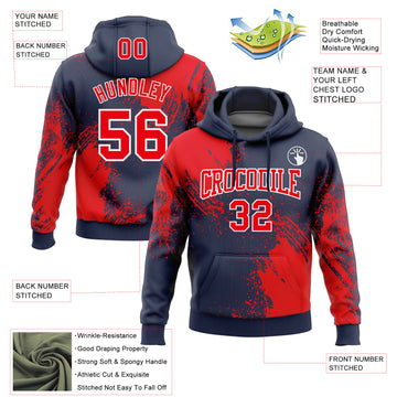 Custom Stitched Navy Fire Red-White 3D Pattern Design Abstract Brush Stroke Sports Pullover Sweatshirt Hoodie