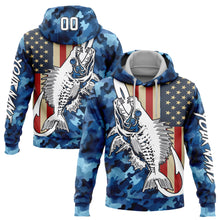 Загрузить изображение в средство просмотра галереи, Custom Stitched Camo White-Black 3D American Flag And Fish Hook Skull Fishing Sports Pullover Sweatshirt Salute To Service Hoodie
