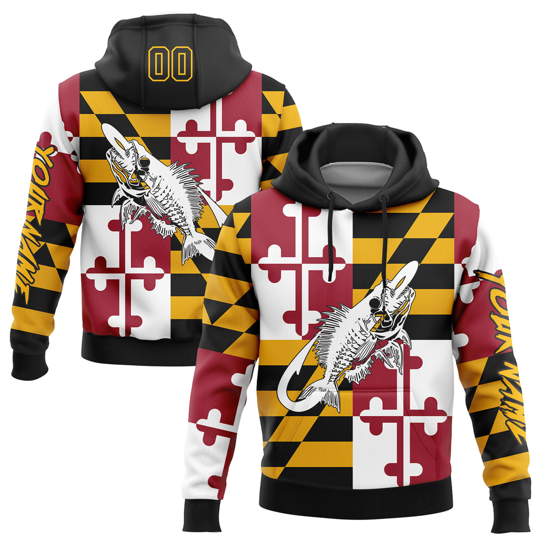 Custom Stitched Gold Black-Red 3D Maryland Flag And Fish Hook Skull Fishing Sports Pullover Sweatshirt Hoodie