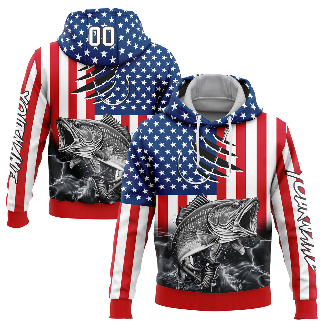 Custom Stitched Red US Navy Blue-Black 3D American Flag And Largemouth Bass Fish Fishing Sports Pullover Sweatshirt Hoodie