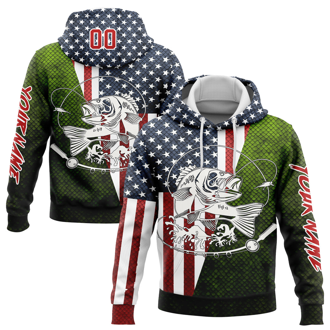 Custom Stitched Navy Red-Aurora Green 3D American Flag And Smallmouth Bass Fish Fishing Sports Pullover Sweatshirt Hoodie