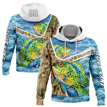 Custom Stitched Lakes Blue White Black 3D Sea Waves And Bluegill Fish Fishing Sports Pullover Sweatshirt Hoodie