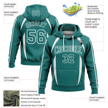 Custom Stitched Teal White 3D Pattern Design Contrast Color Stripe Sports Pullover Sweatshirt Hoodie