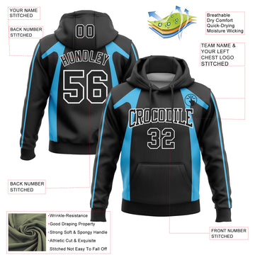 Custom Stitched Black Sky Blue 3D Pattern Design Segmentation Patchwork Stripe Sports Pullover Sweatshirt Hoodie