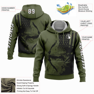 Custom Stitched Olive White-Black 3D American Flag And Bow Hunter Hunting Sports Pullover Sweatshirt Hoodie