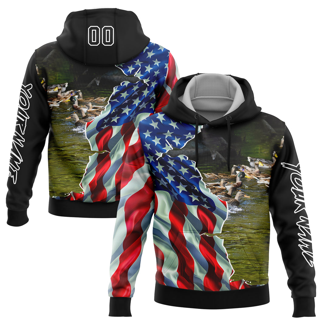 Custom Stitched Black White 3D American Flag And Duck Hunting Sports Pullover Sweatshirt Hoodie