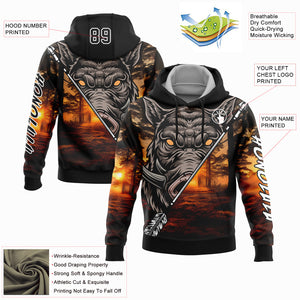 Custom Stitched Black White 3D Wild Boar Arrow Hunting Sports Pullover Sweatshirt Hoodie