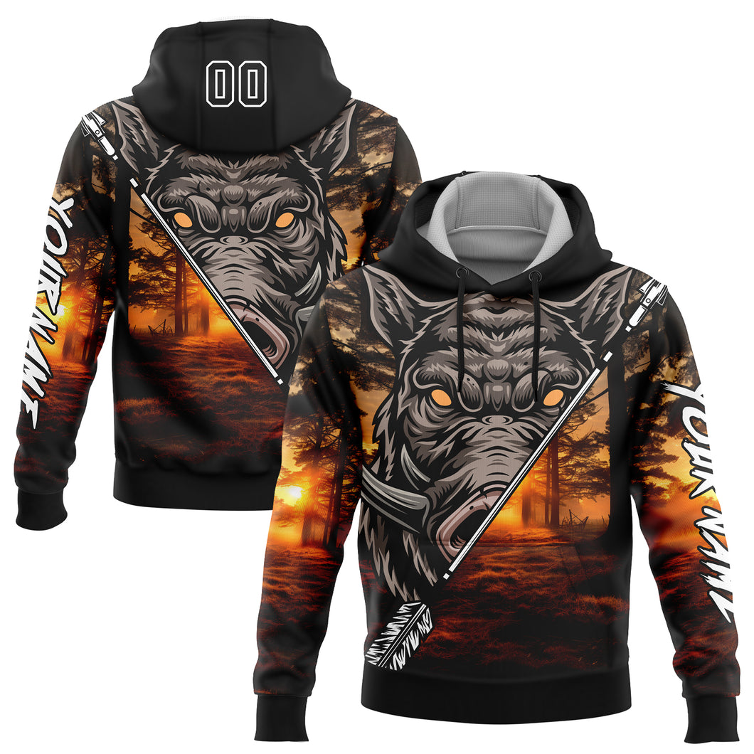 Custom Stitched Black White 3D Wild Boar Arrow Hunting Sports Pullover Sweatshirt Hoodie